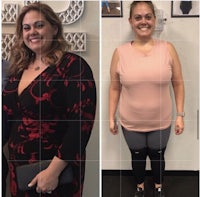 two pictures of a woman before and after her weight loss