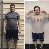 two pictures of a man posing before and after his weight loss